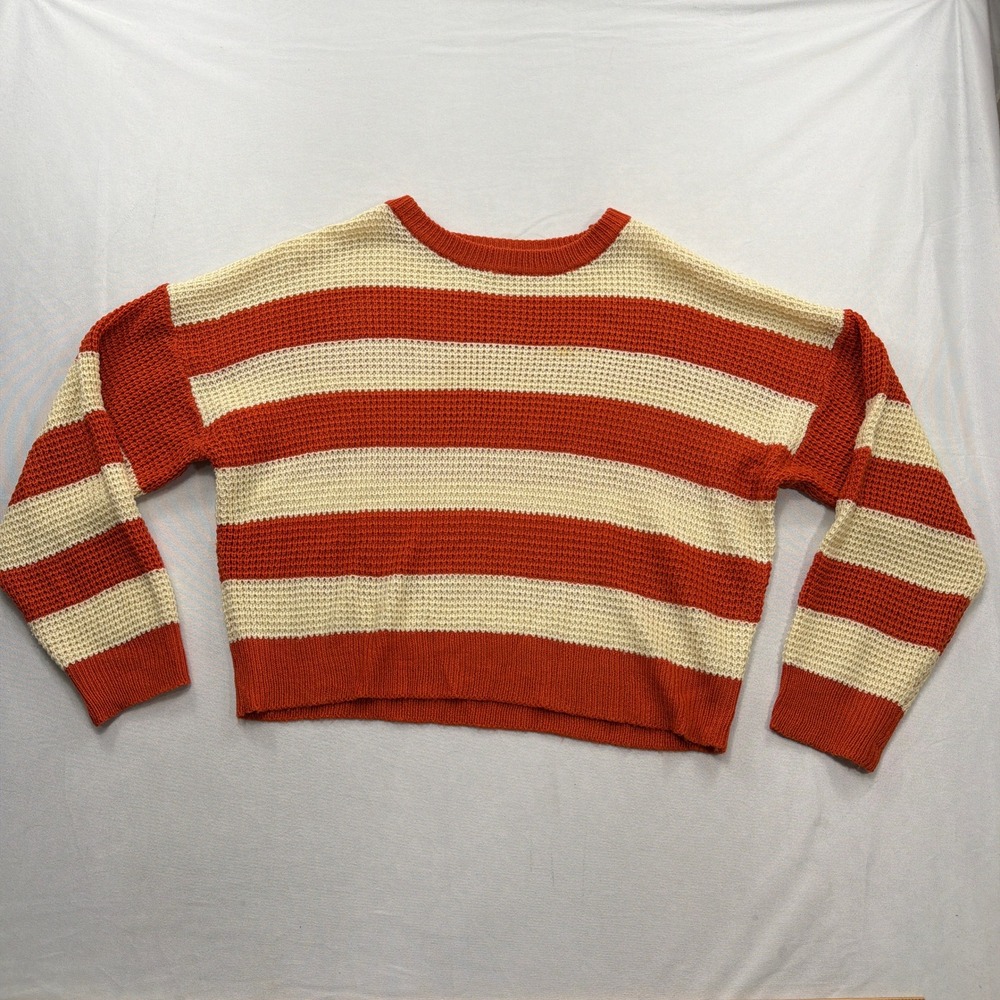 La Miel Sweater Waffle Knit Striped Oversized Pullover Orange Cream Womens L